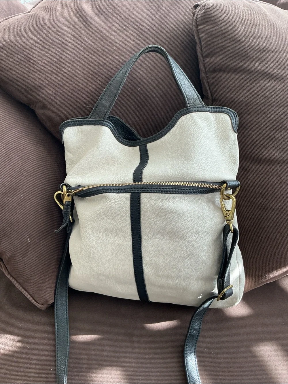Fossil ERIN Ivory/Tan/Black Leather Hobo Satchel Bag